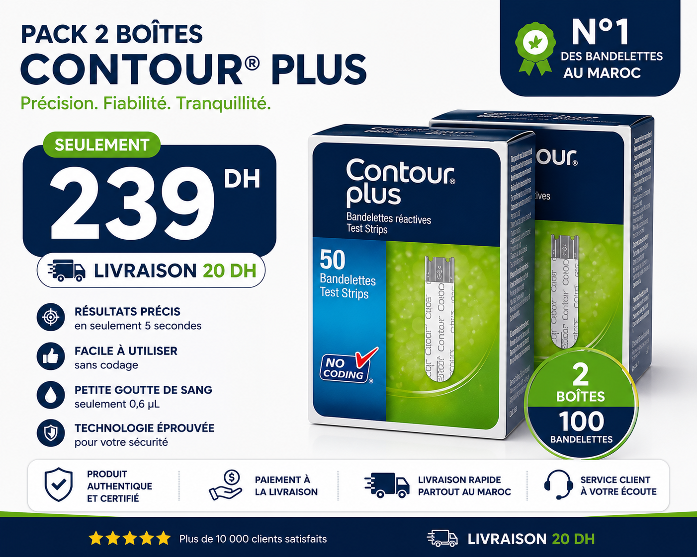 Pack 2 Boîtes Contour® Plus – 100 Bandelettes de Glycémie